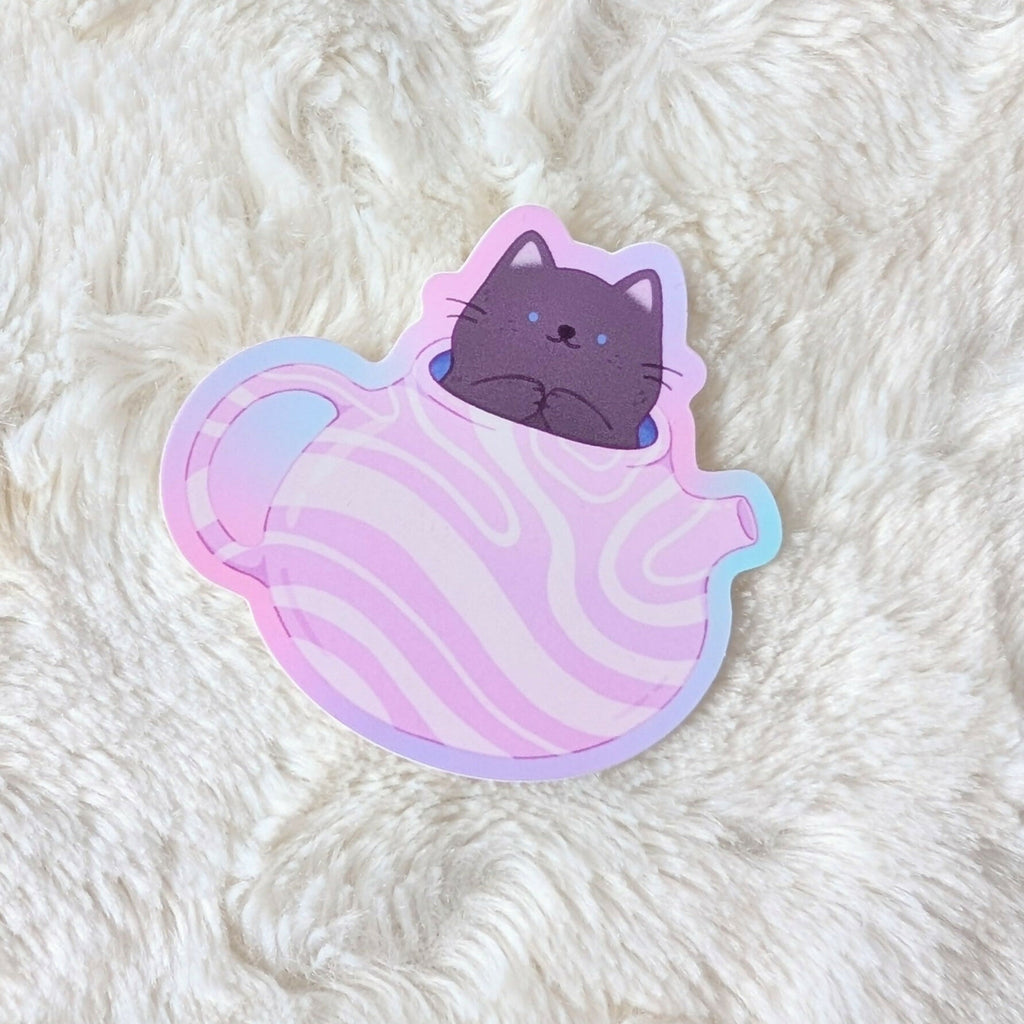 Purple Teapot Cat Vinyl Sticker