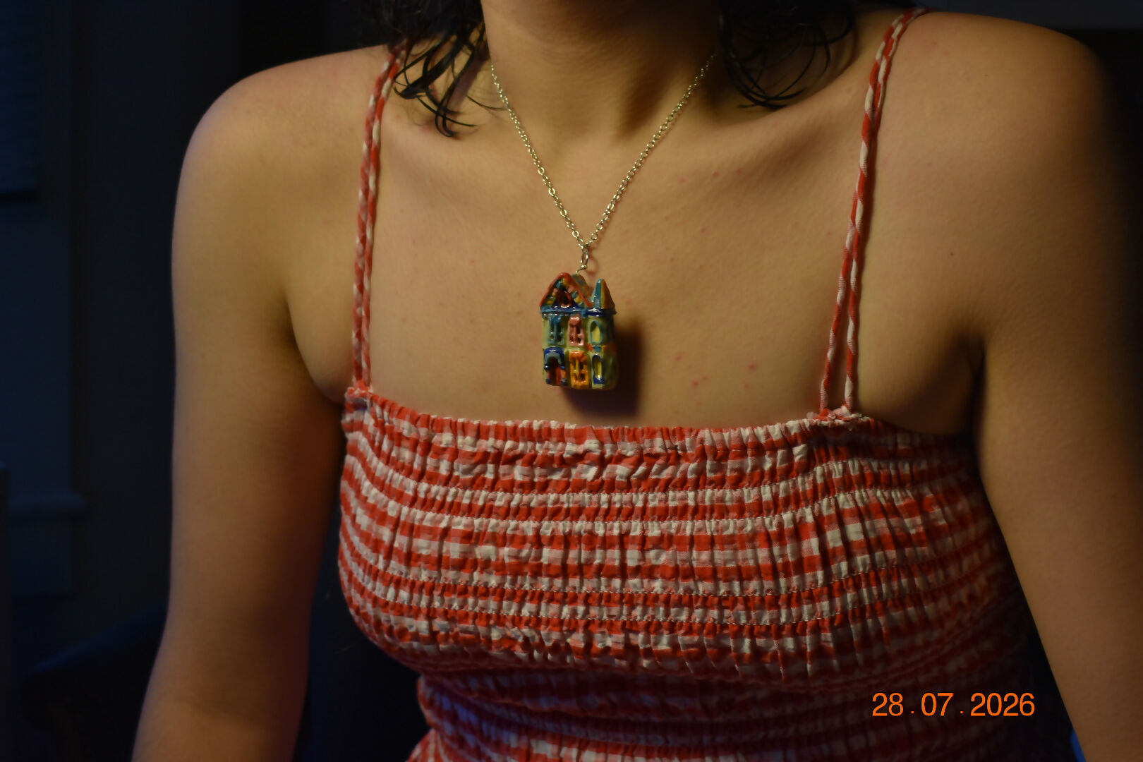 Blue pink turquoise house pendant