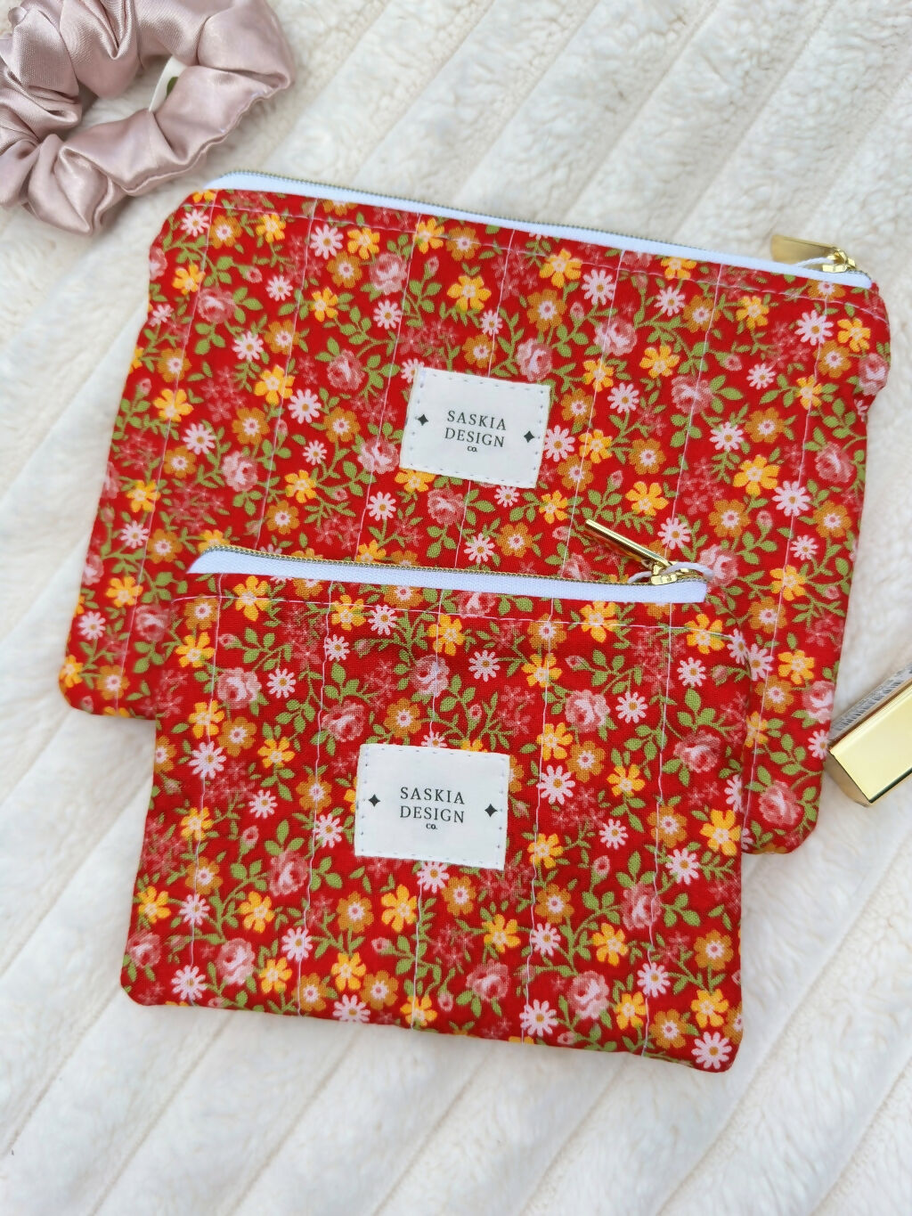 Handmade Quilted Zipper Pouch - Evening Rose