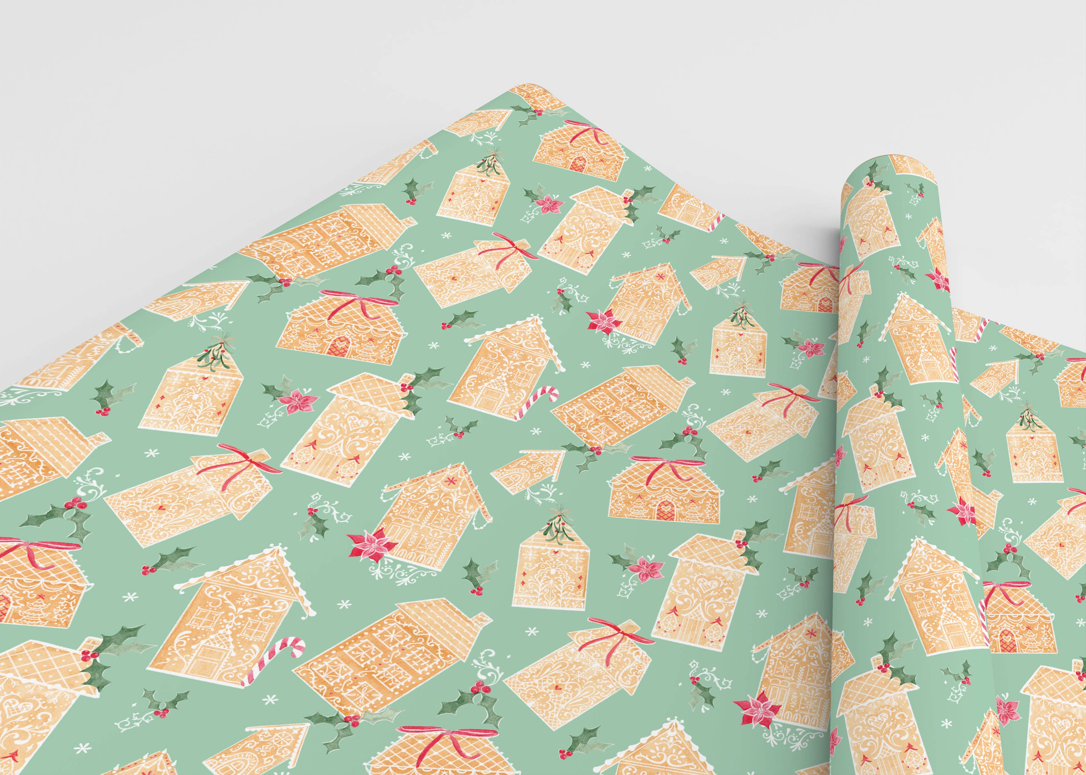 Green Gingerbread Land Christmas Gift Wrap: Roll of 3 Sheets
