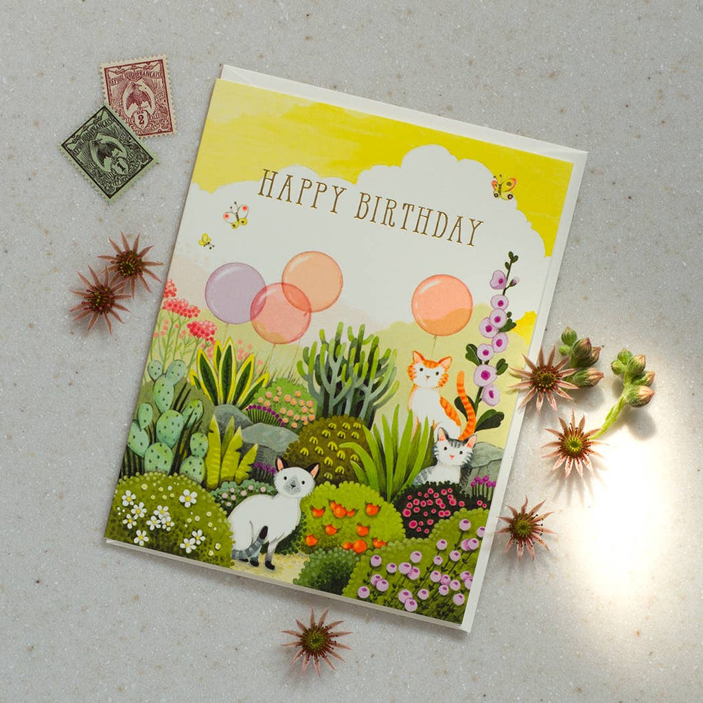 Cats in Garden Birthday Greeting Card
