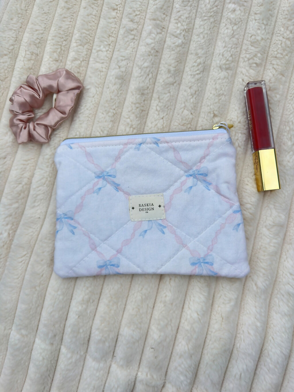 Handmade Quilted Zipper Pouch - Blue Ribbon Bow