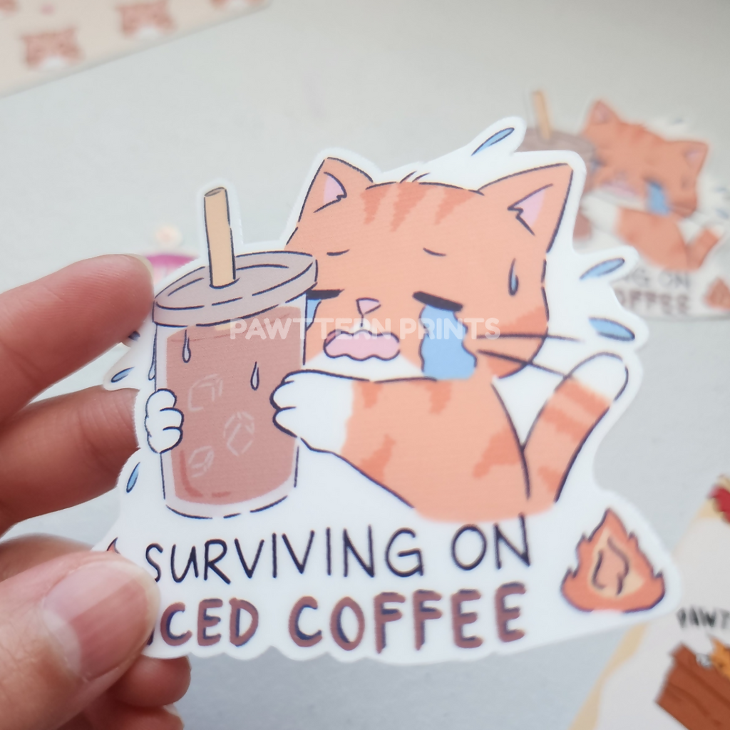 Surviving on Iced Coffee Cat Die Cut Sticker