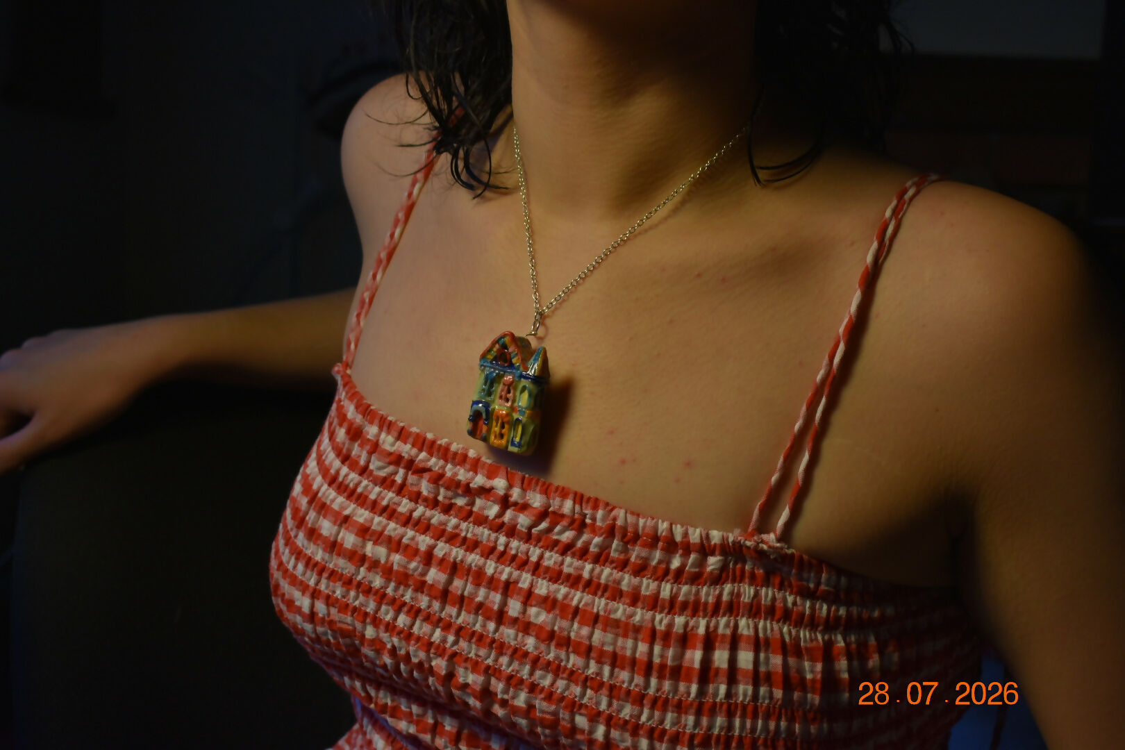 Blue pink turquoise house pendant