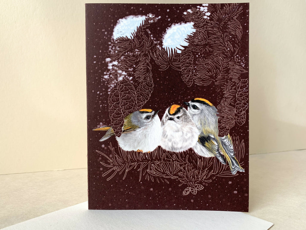 Golden-crowned Kinglets huddle | Greeting card