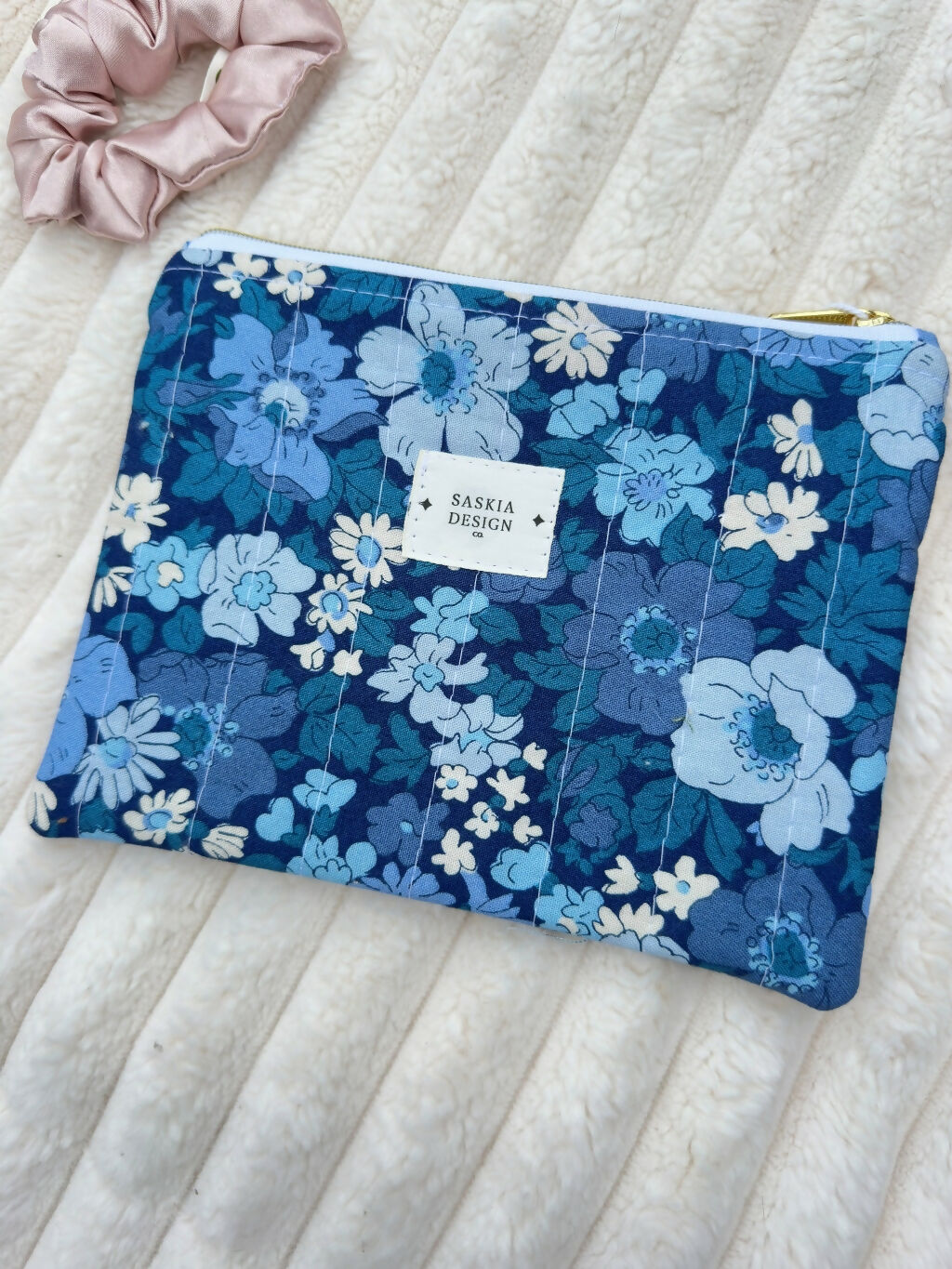 Handmade Quilted Zipper Pouch - Blue Flowers
