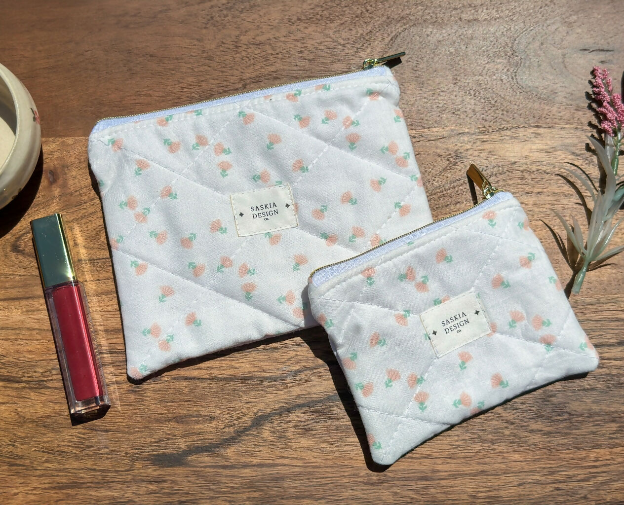 Handmade Quilted Zipper Pouch - Peachy Flowers