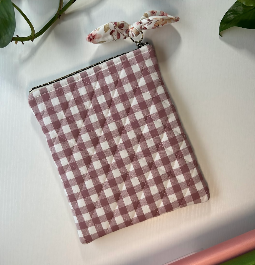 Gingham Rose Diagonal Quilted with Pink Pocket - Kindle Sleeve - E Reader Case 7” - Handmade ●Small Batch●