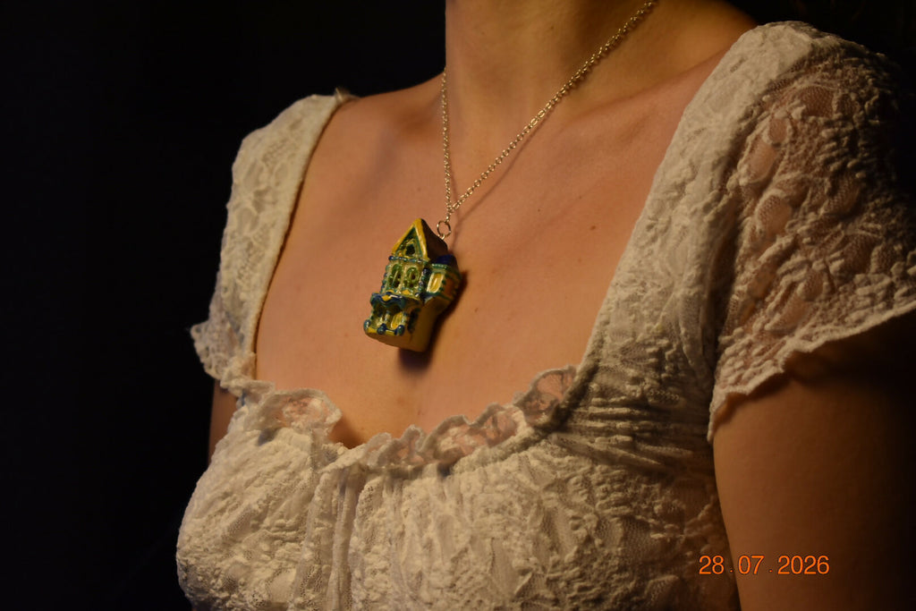 Turquoise striped house pendant