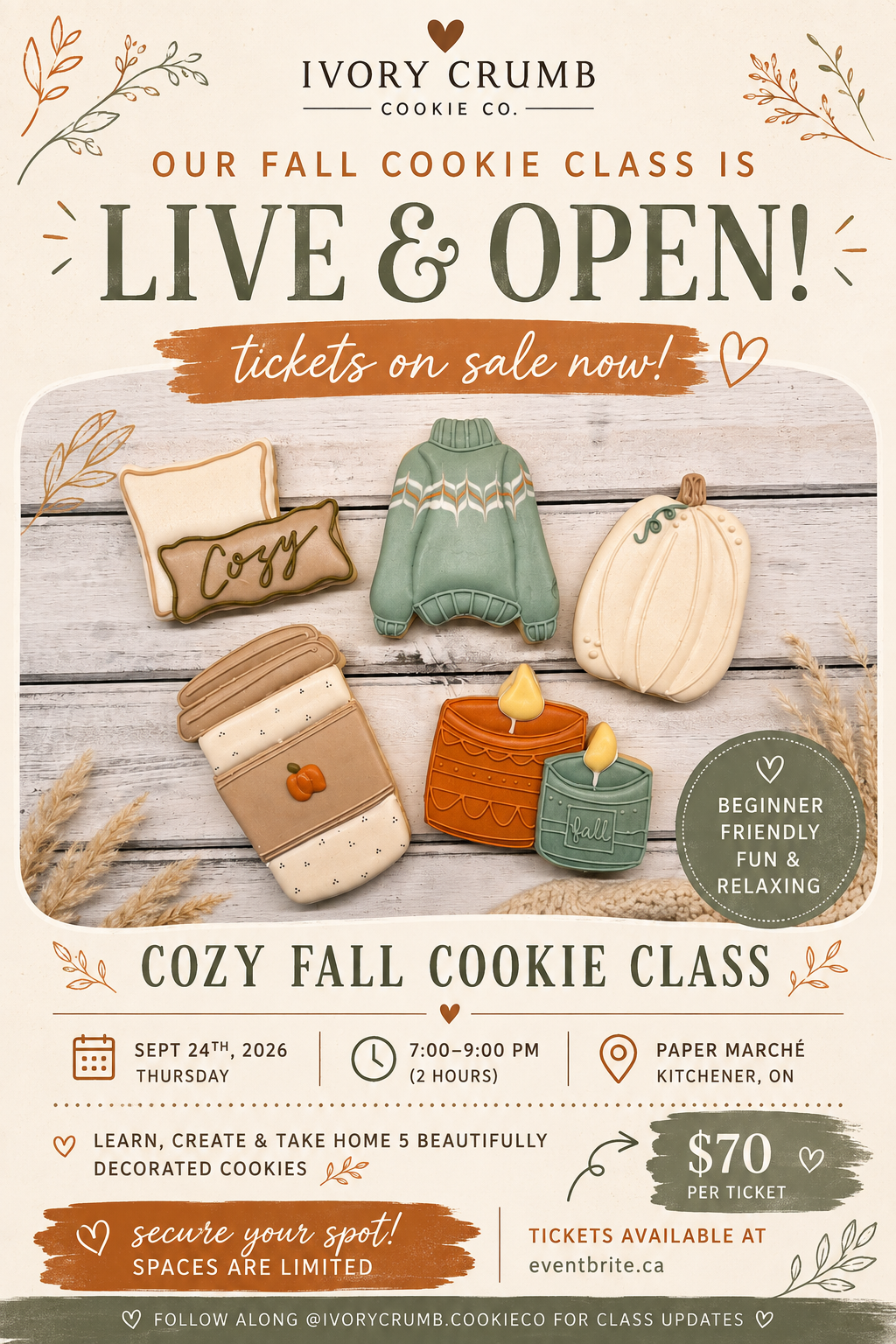 poster of details for ivory crumb cookie co.'s Fall Cookie Class on Sep 24, 2026.