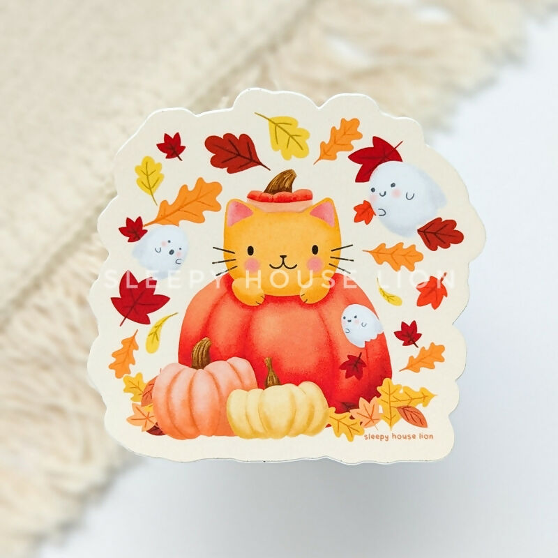 Pumpkin Ghosts Cat Vinyl Sticker