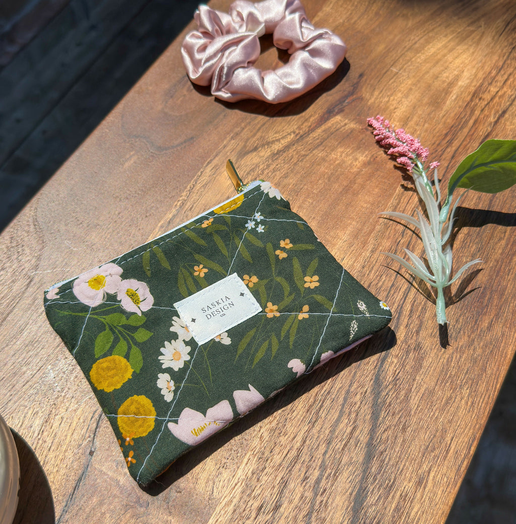 Handmade Quilted Zipper Pouch - Dark Florals
