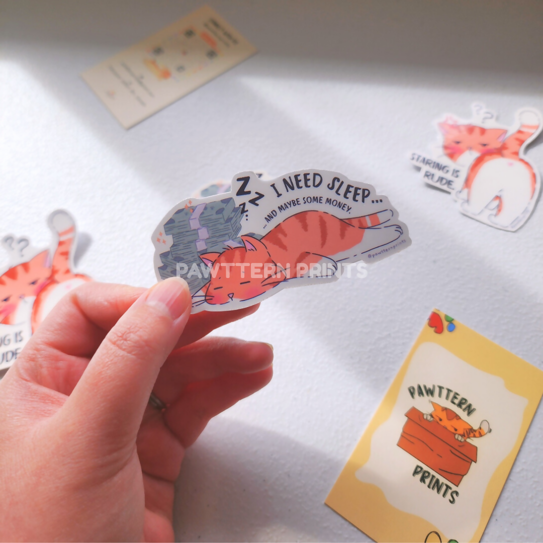 Cat Relatable Mood - I Need Sleep Glossy Vinyl Die-cut Sticker