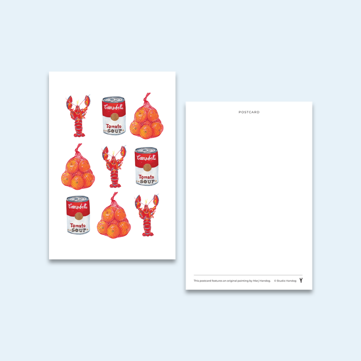 Lobster, Bag of Oranges, & Soup Can Postcard