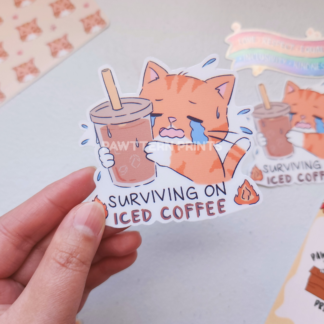 Surviving on Iced Coffee Cat Die Cut Sticker