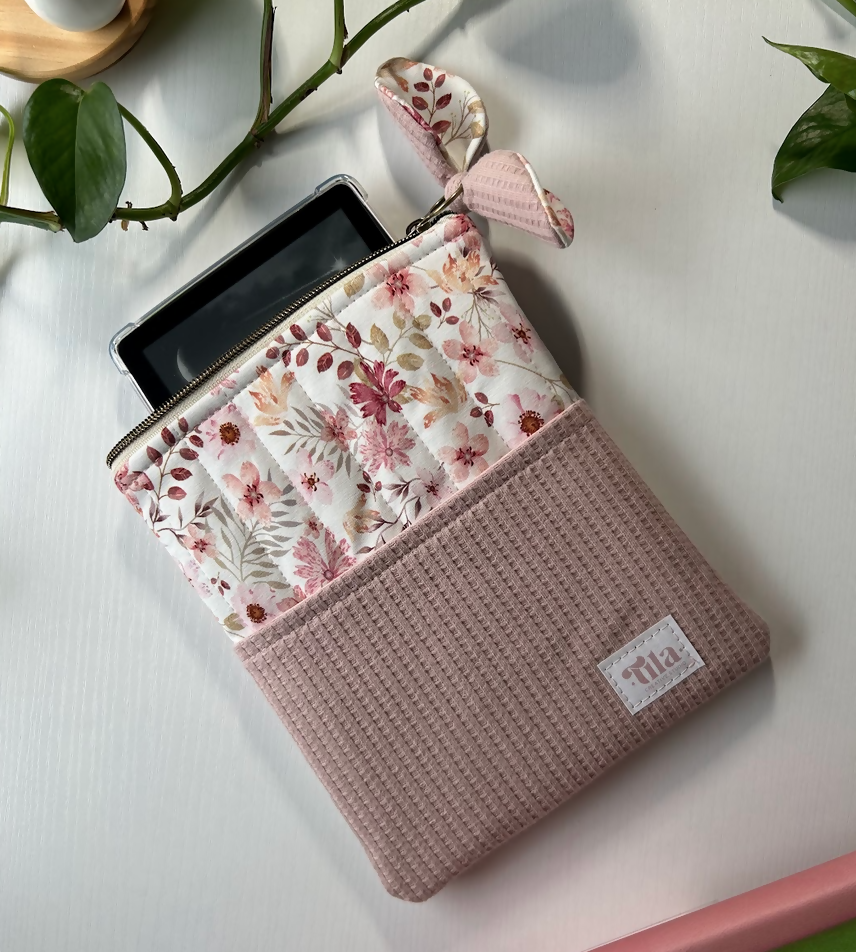 Floral Quilted with Pink Waffle Pocket - Kindle Sleeve - E Reader Case 7” - Handmade ●Small Batch●