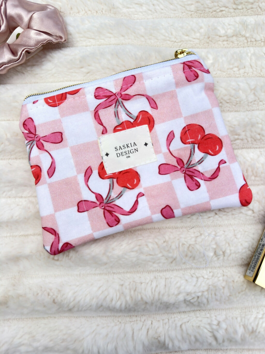 Handmade Quilted Zipper Pouch - Cherry Bows