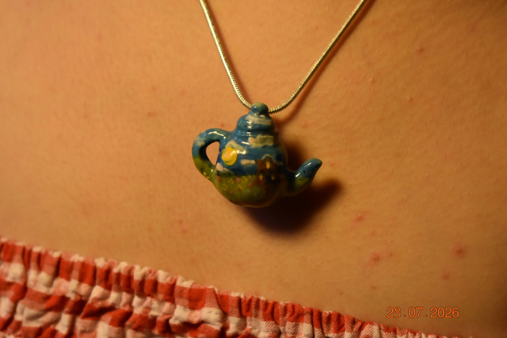 Teapot pendant with sky and grass painting