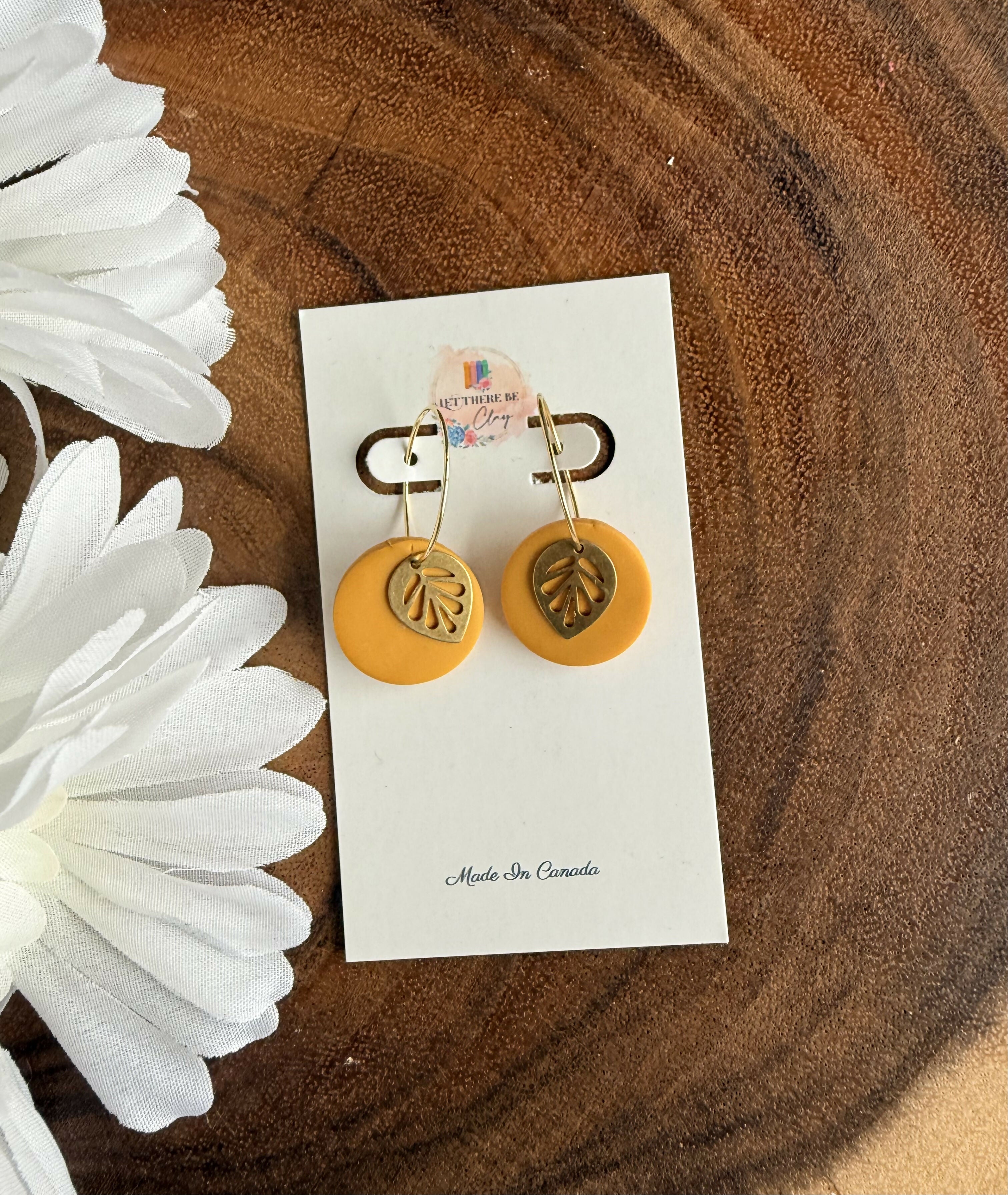 Mustard Bezel Leaf Hoop Earrings
