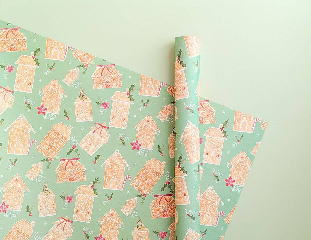 Green Gingerbread Land Christmas Gift Wrap: Roll of 3 Sheets