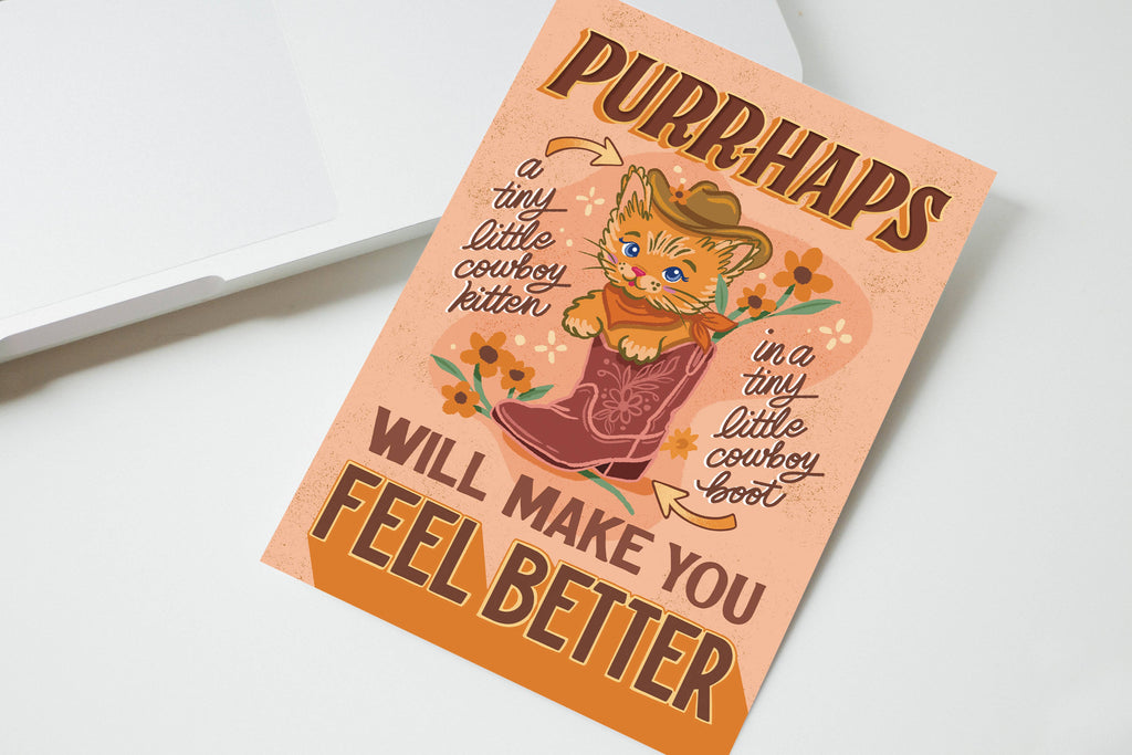 Vintage Kitten Cowboy Greeting Card - Feel Better