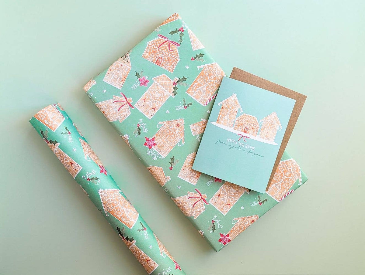 Green Gingerbread Land Christmas Gift Wrap: Roll of 3 Sheets