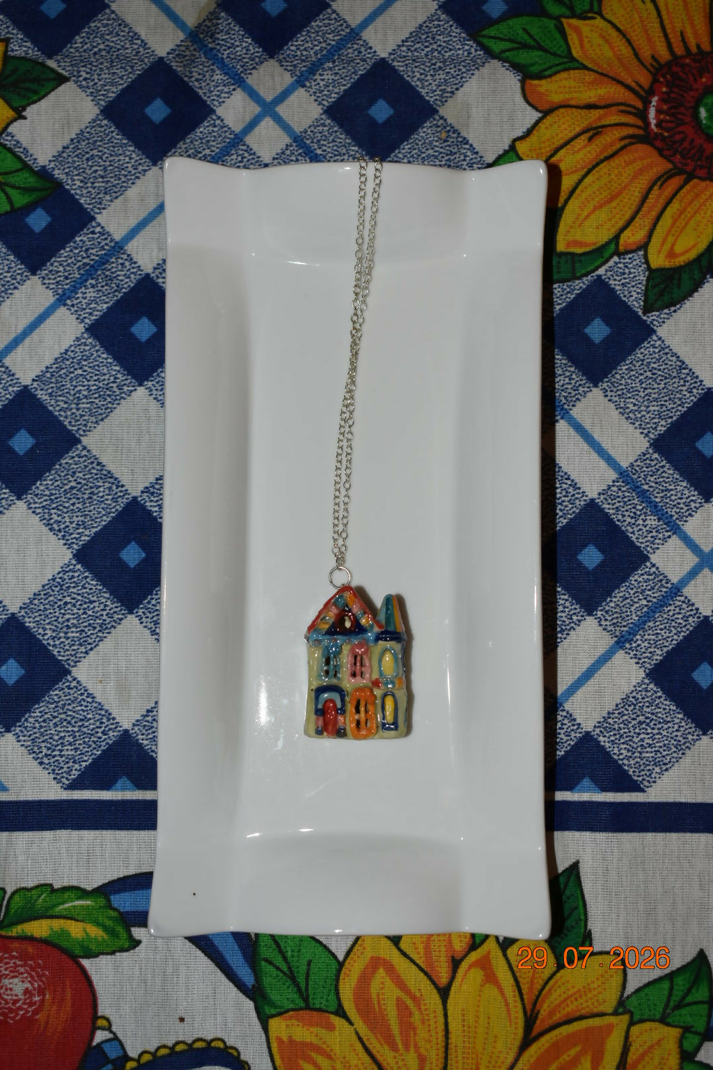 Blue pink turquoise house pendant