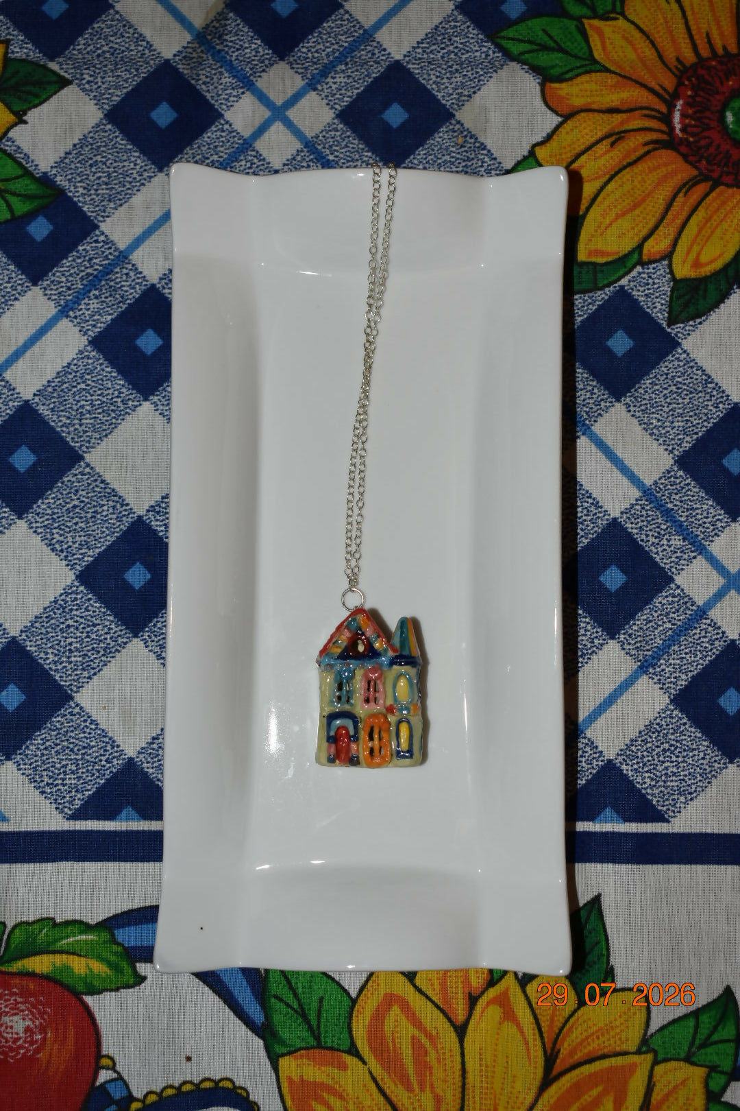 Blue pink turquoise house pendant