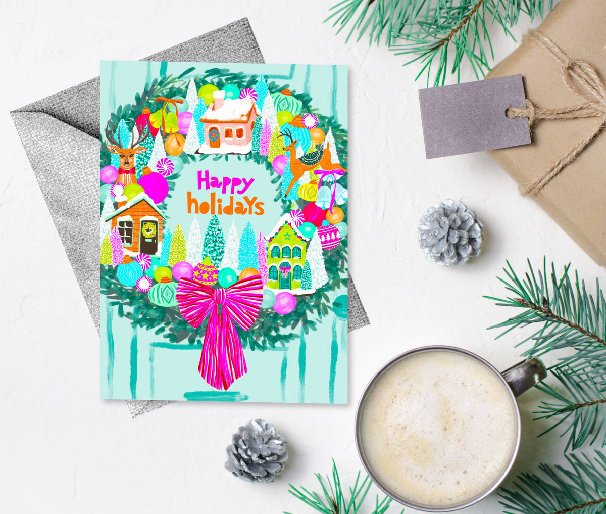 Happy Holidays Wreath + Ornaments Card