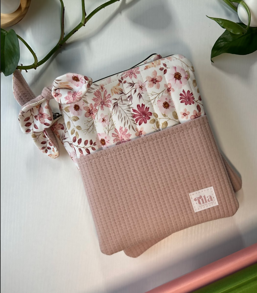 Floral Quilted with Pink Waffle Pocket - Kindle Sleeve - E Reader Case 7” - Handmade ●Small Batch●