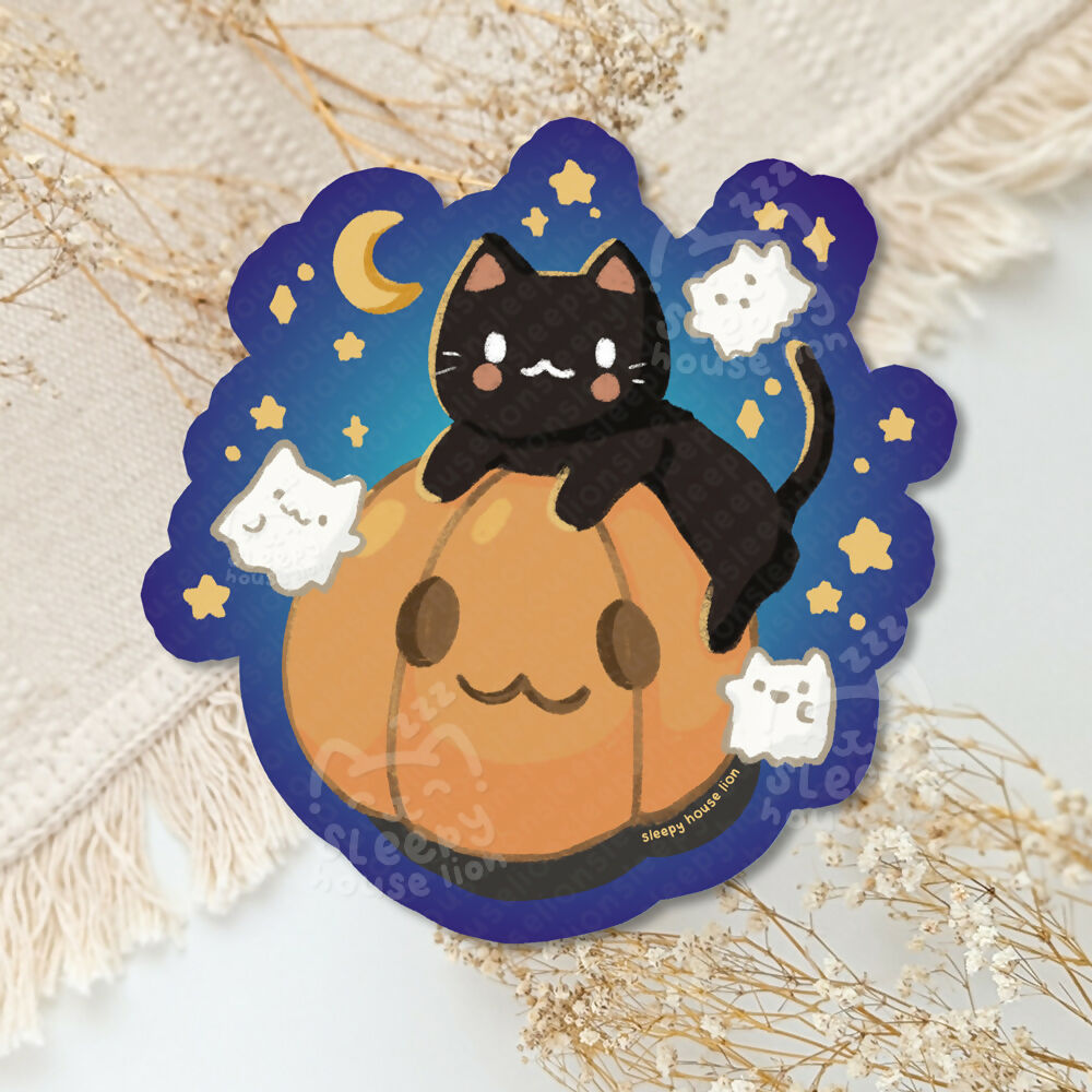 Black Cat & Ghosts Pumpkin Vinyl Sticker (Nightglow)