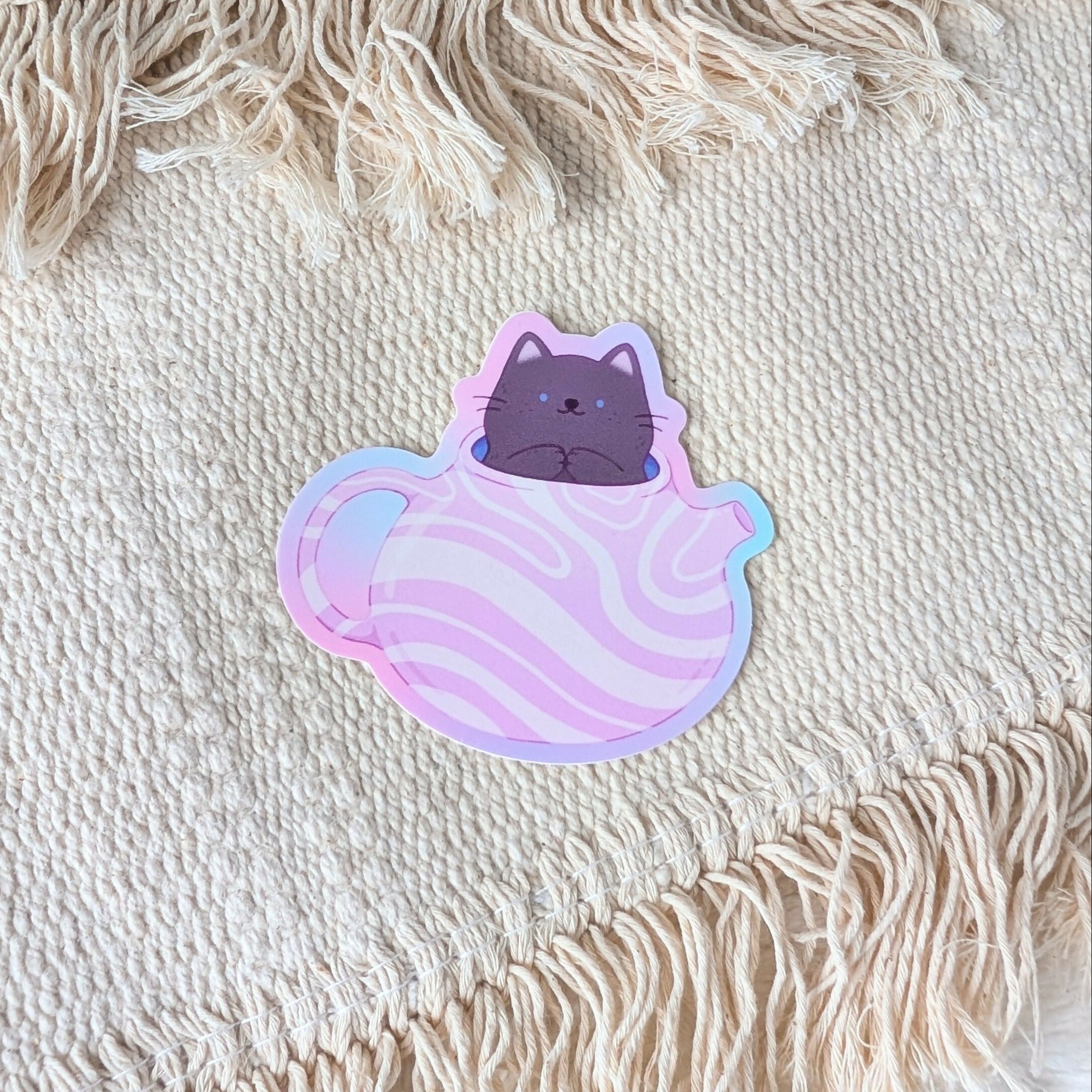 Purple Teapot Cat Vinyl Sticker
