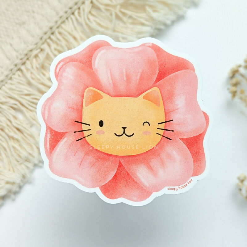 Pink Tulip Cat Vinyl Sticker