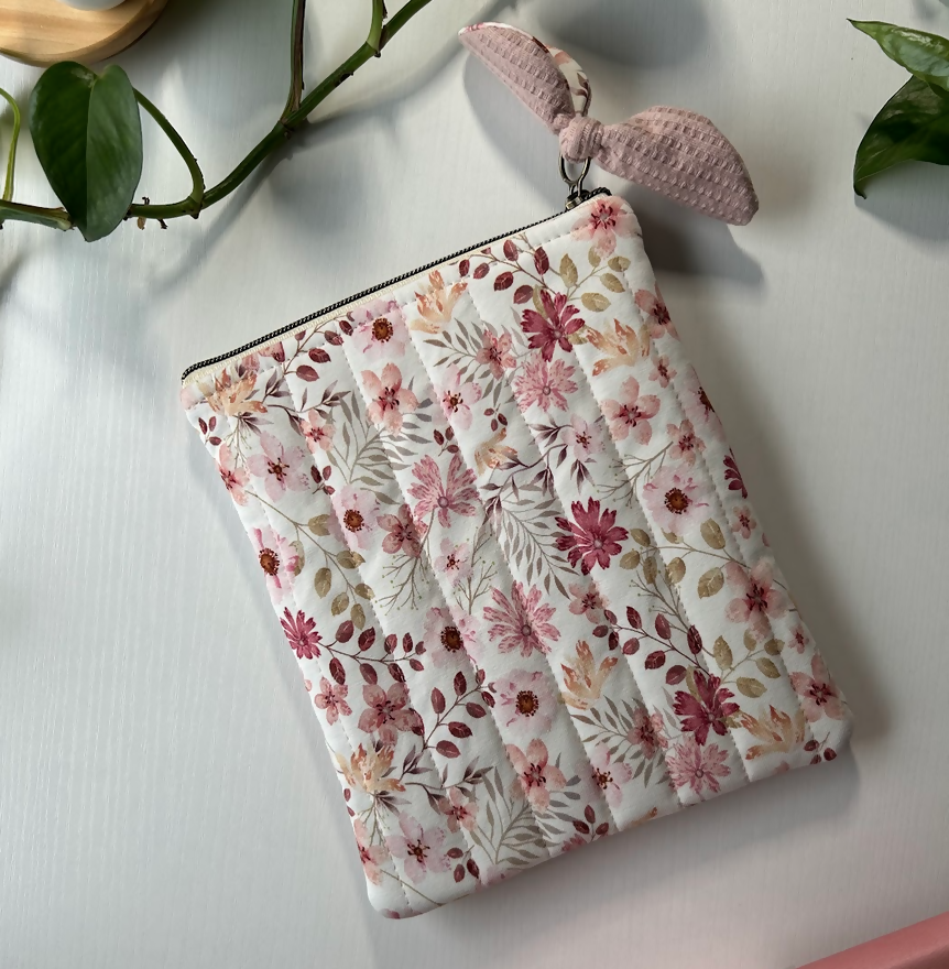 Floral Quilted with Pink Waffle Pocket - Kindle Sleeve - E Reader Case 7” - Handmade ●Small Batch●