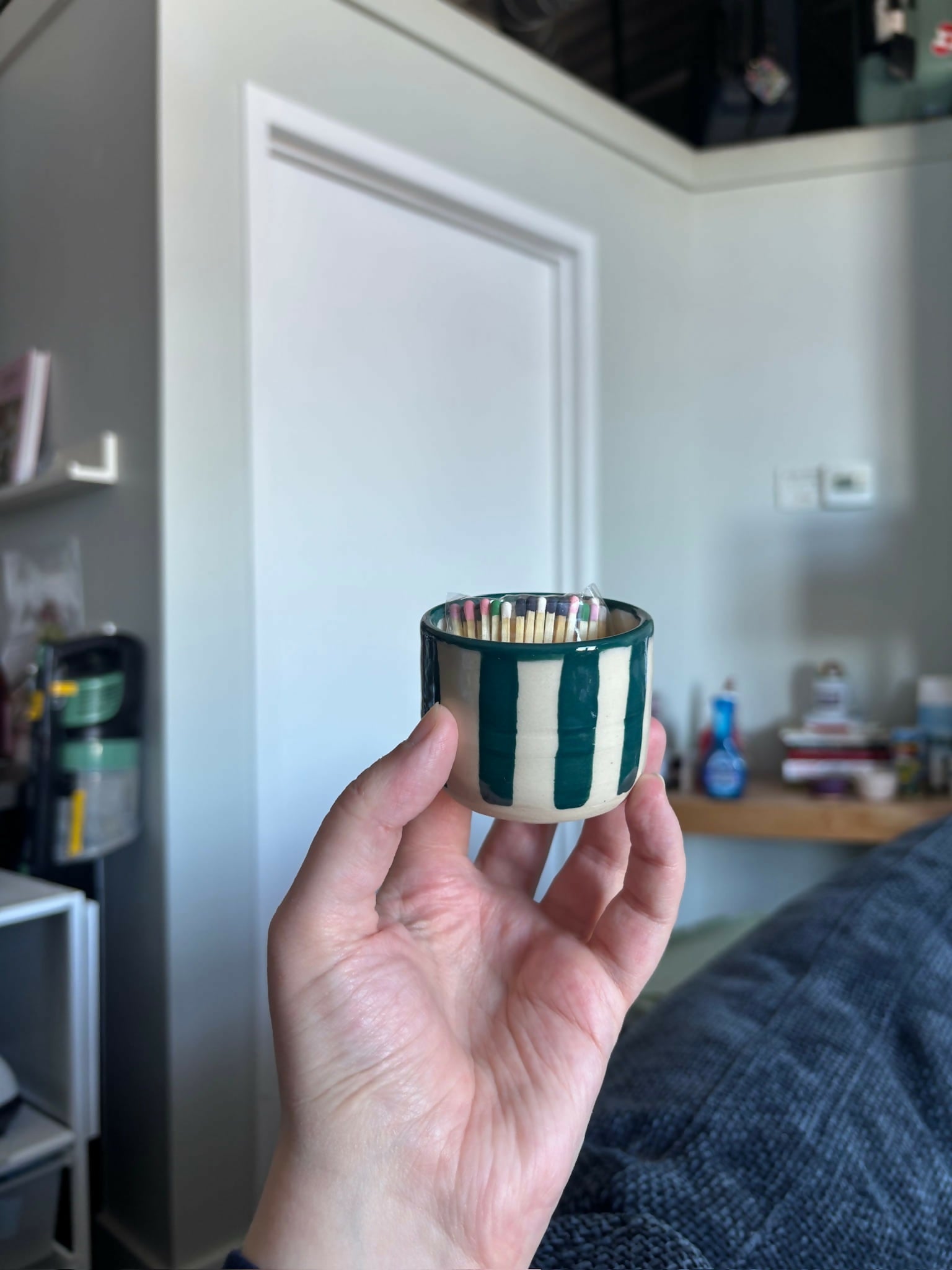 Matchstick holder - green stripes