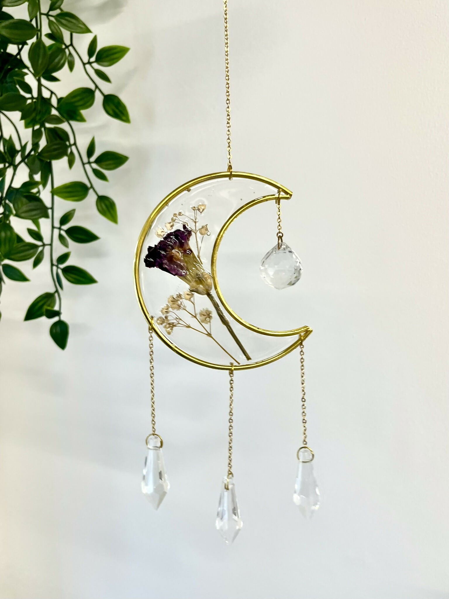 Pressed Flower Crescent Moon Suncatcher - 03