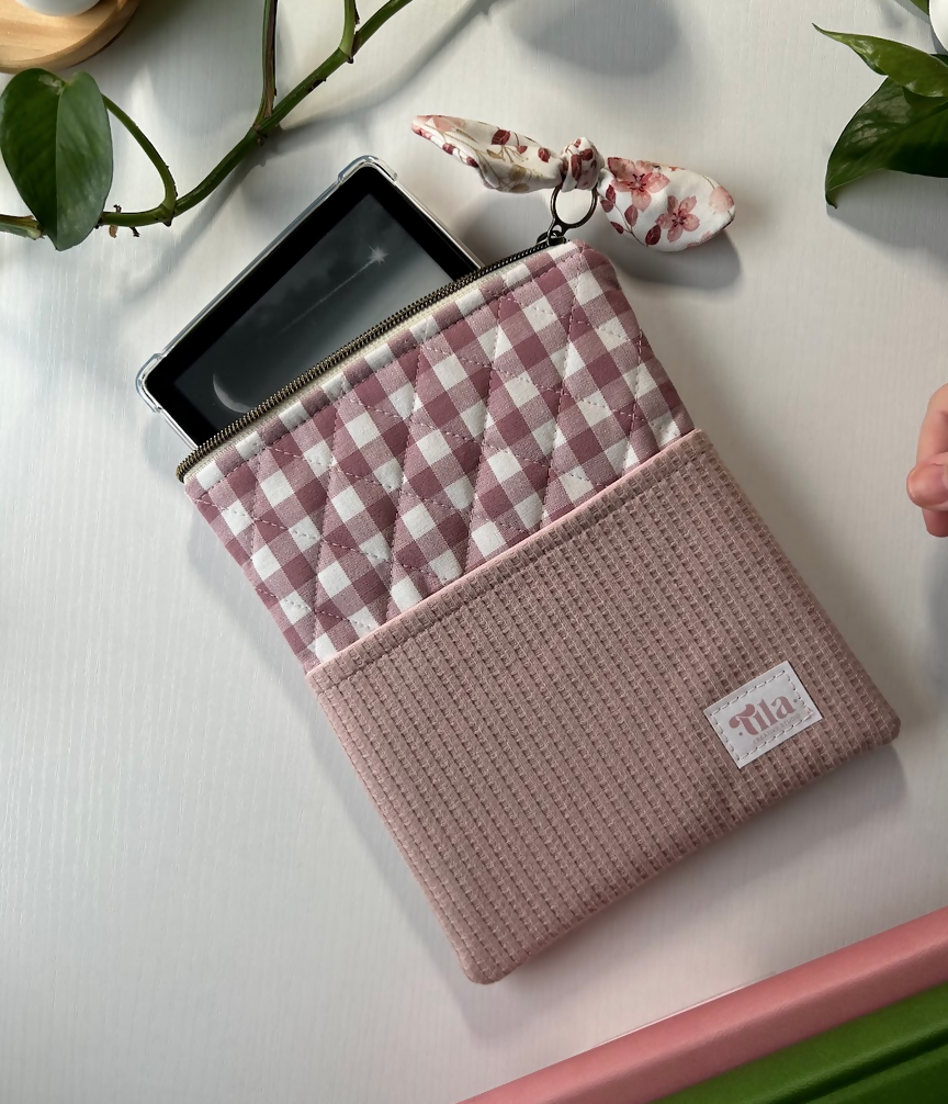 Gingham Rose Diagonal Quilted with Pink Pocket - Kindle Sleeve - E Reader Case 7” - Handmade ●Small Batch●
