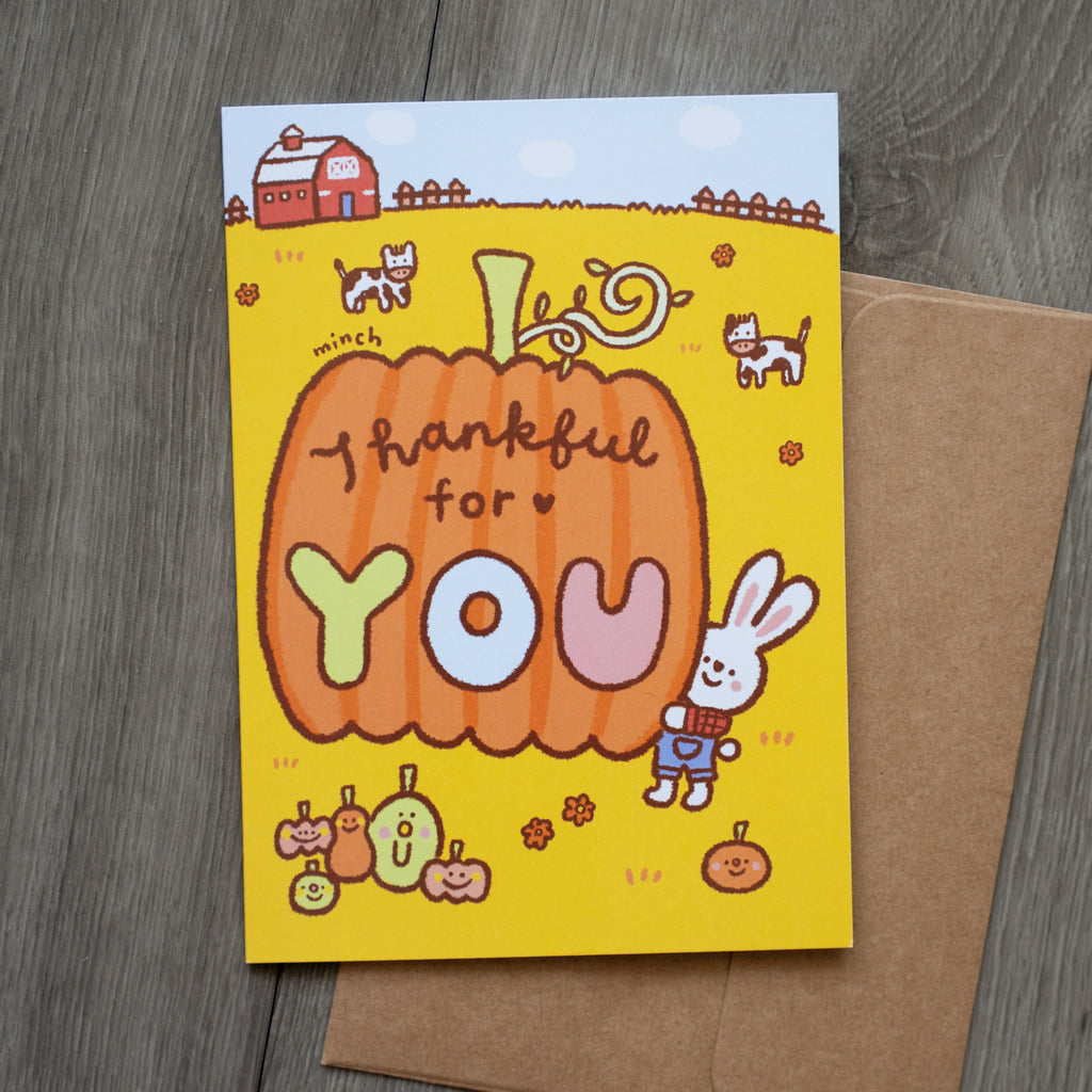 Thankful for You Bunny with Pumpkin Greeting Card