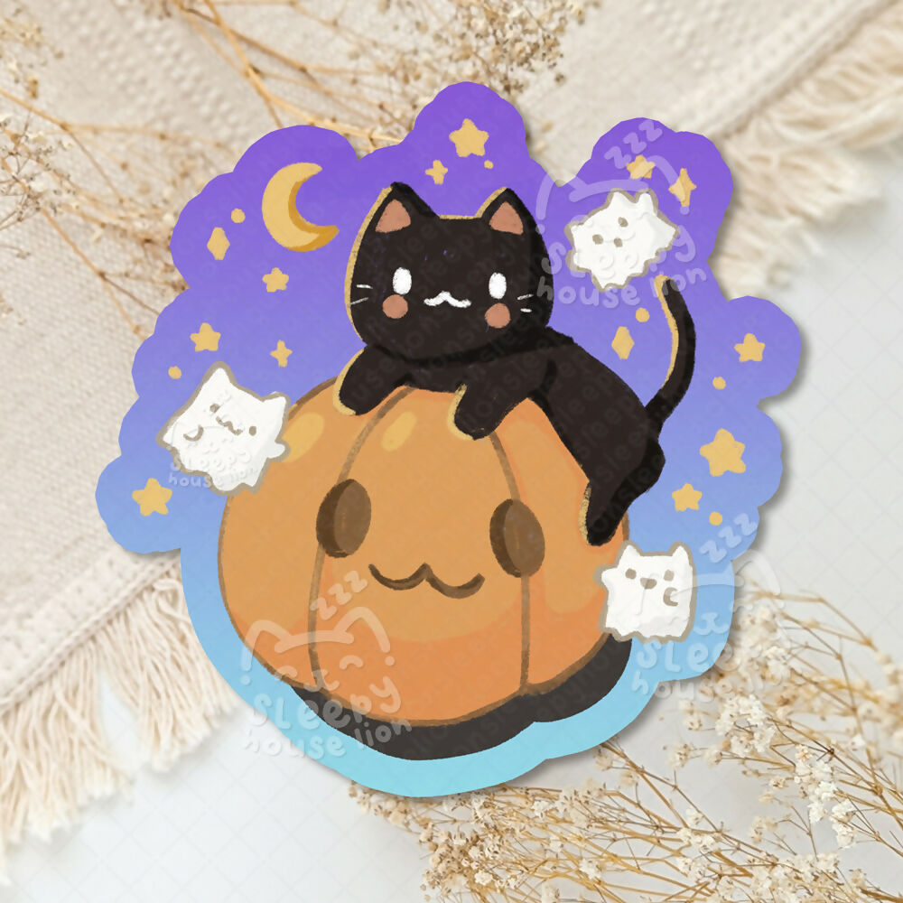Black Cat & Ghosts Pumpkin Vinyl Sticker (Pastel Sky)