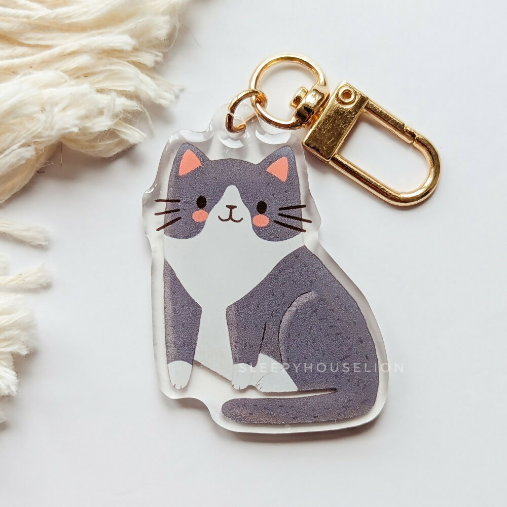 Grey Tuxedo Cat Keychain