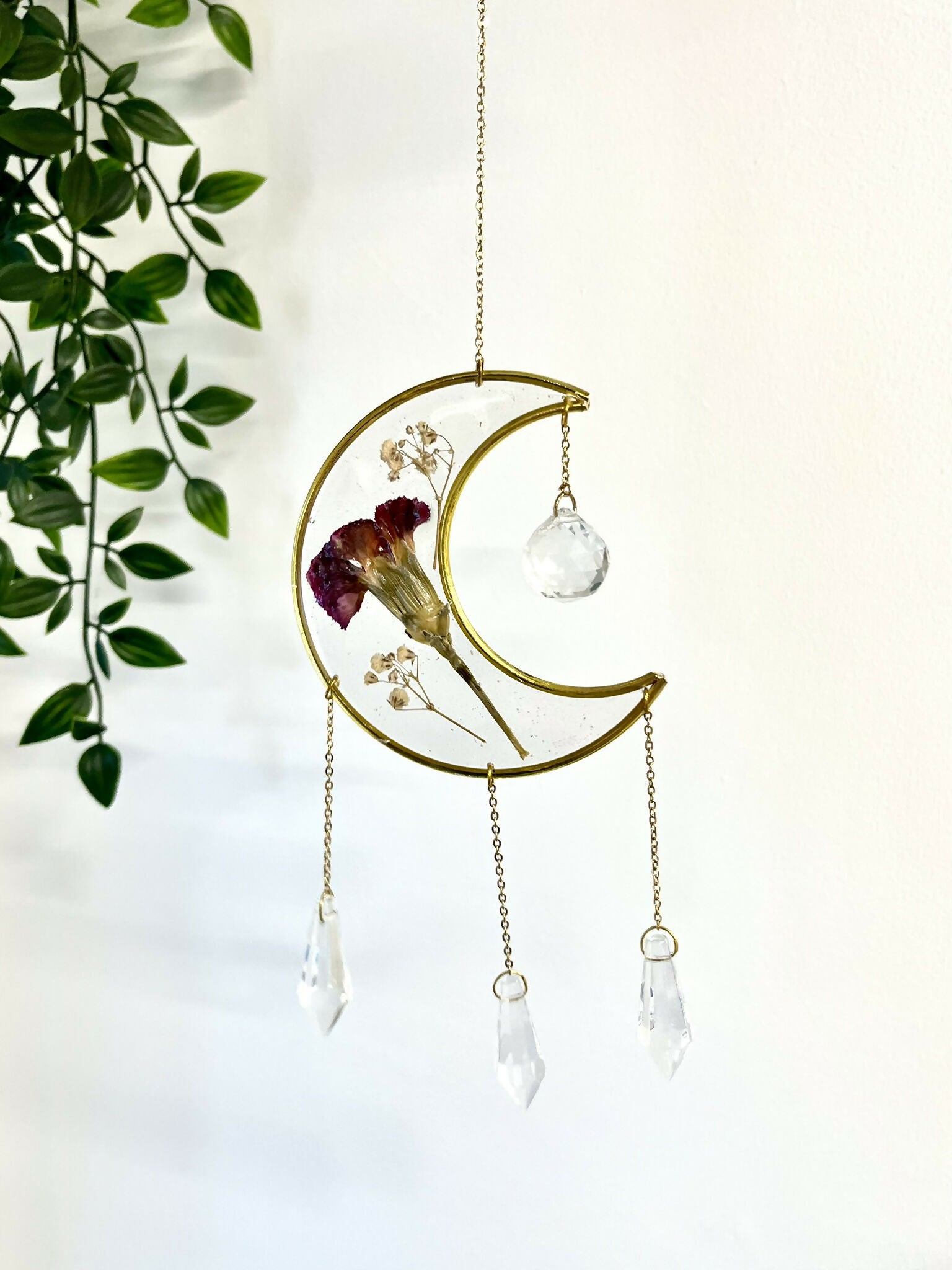 Pressed Flower Crescent Moon Suncatcher - 01