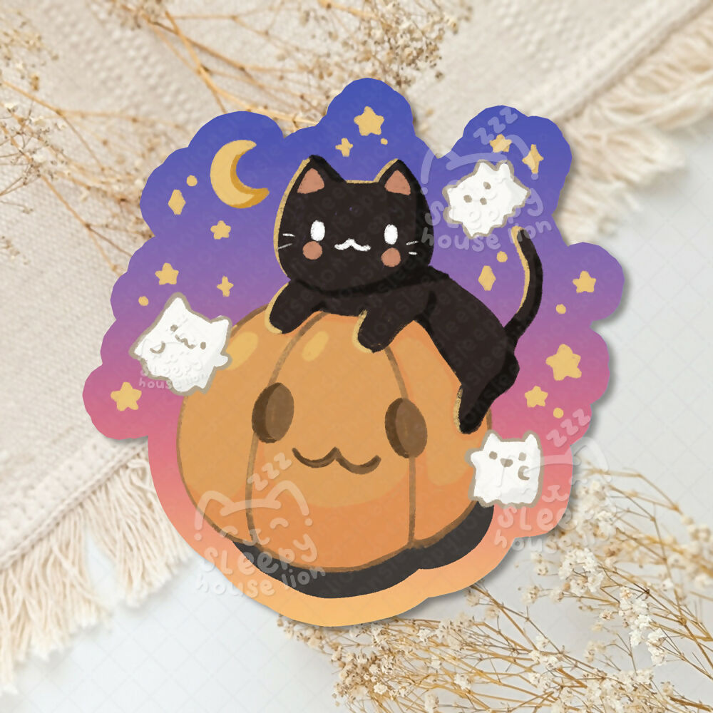 Black Cat & Ghosts Pumpkin Vinyl Sticker (Sunset)